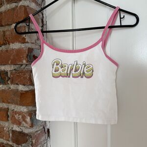 Barbie X Forever 21 Crop Top Cami Ringer White Pink Retro Spell Out Groovy Logo